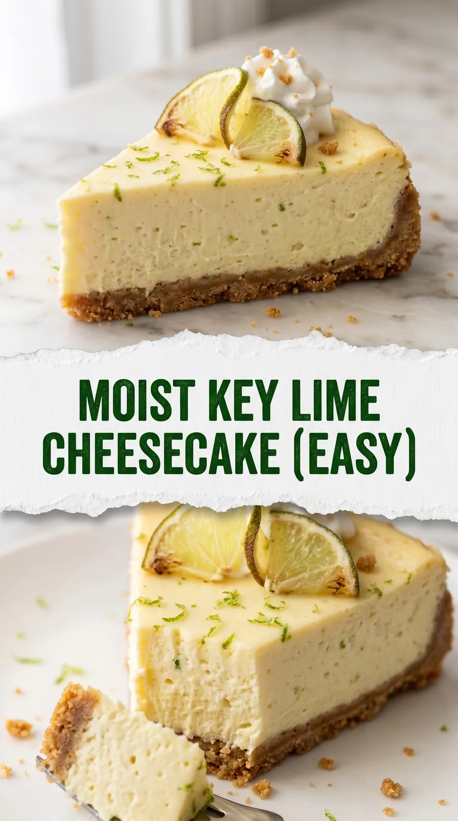 Pinterest image for Tangy Key Lime Cheesecake Recipe, with two photos of the recipe