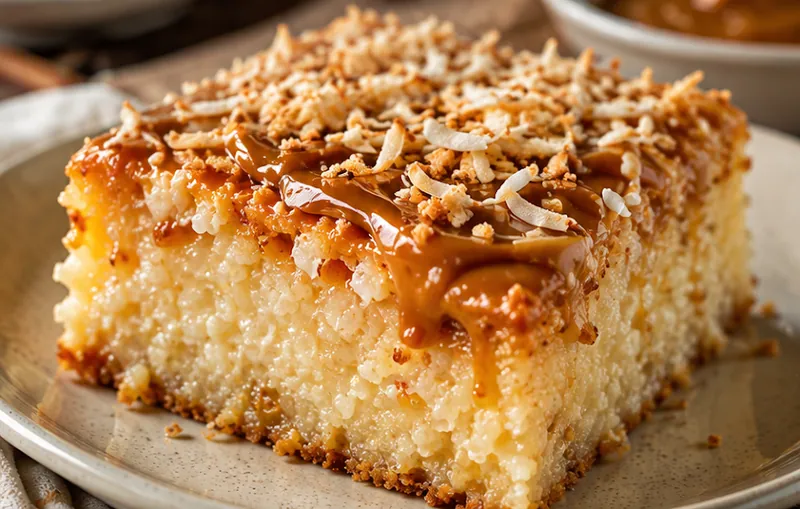 Tapioca Cake with Dulce de Leche, ready to serve