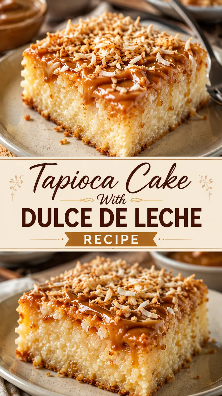 Pinterest image for Tapioca Cake With Dulce De Leche Recipe, with two photos of the recipe