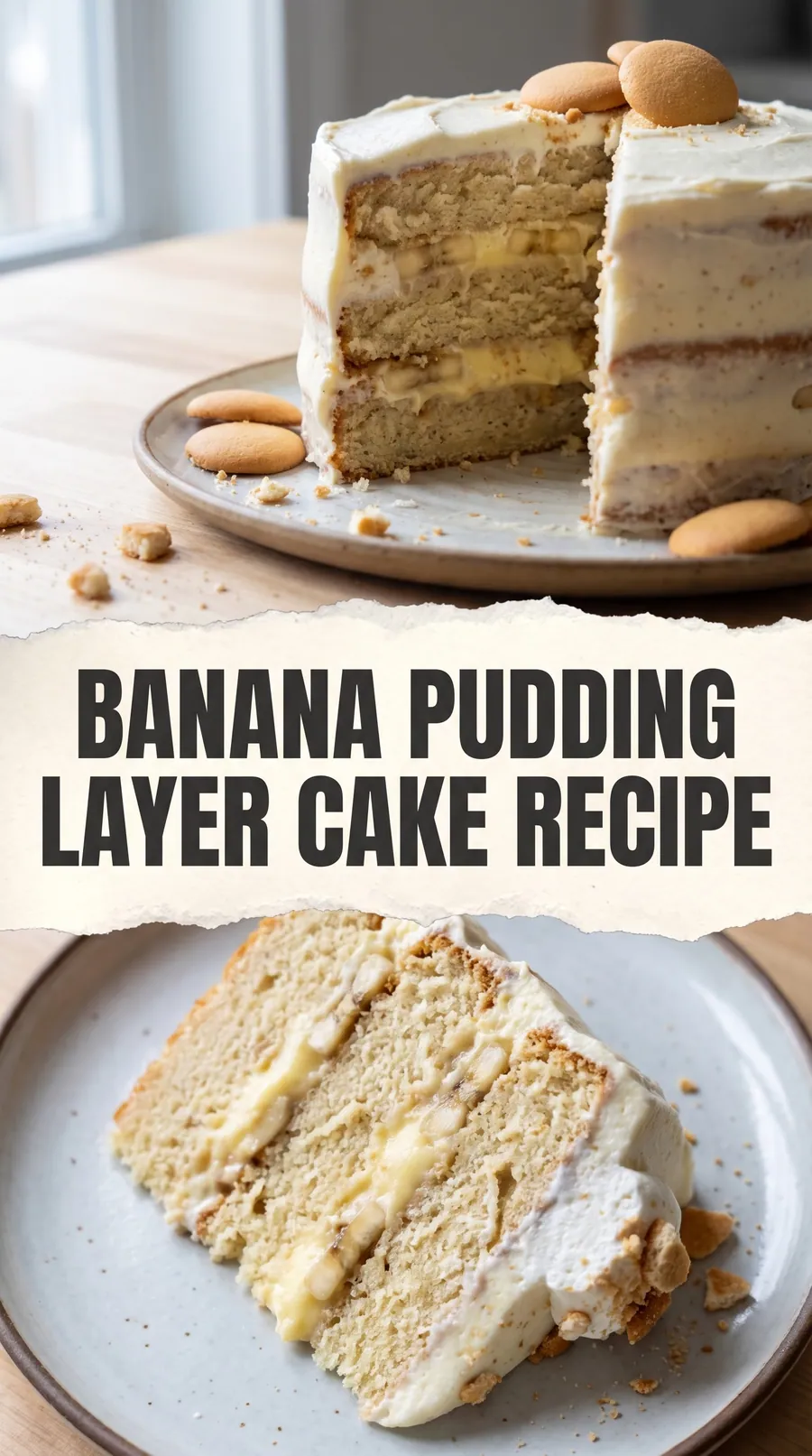 Pinterest image for Tasty Banana Pudding Layer Cake Full Recipe, with two photos of the recipe