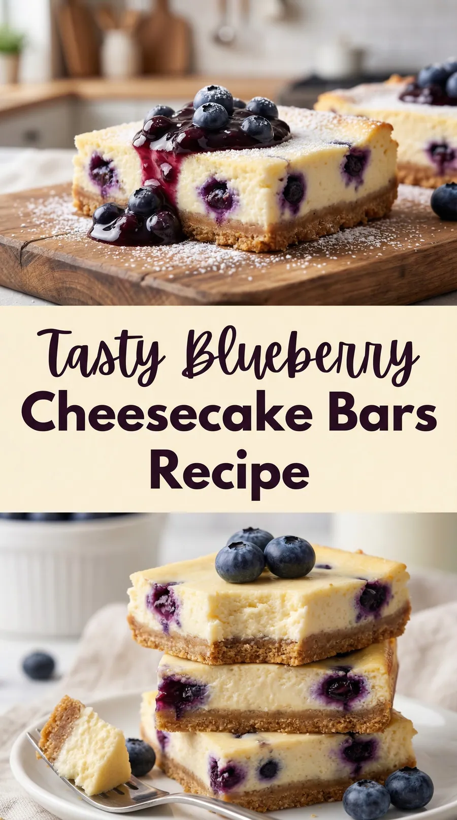 Pinterest image for Tasty Blueberry Cheesecake Bars Full Recipe, with two photos of the recipe