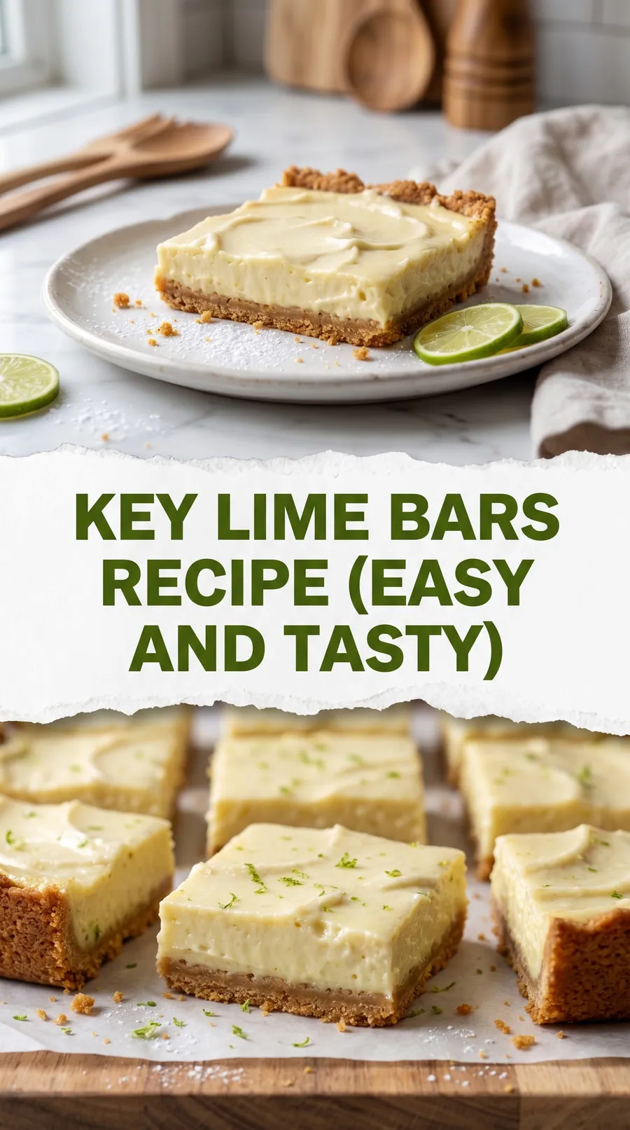 Pinterest image for Tasty Key Lime Bars Recipe (Easy), with two photos of the recipe