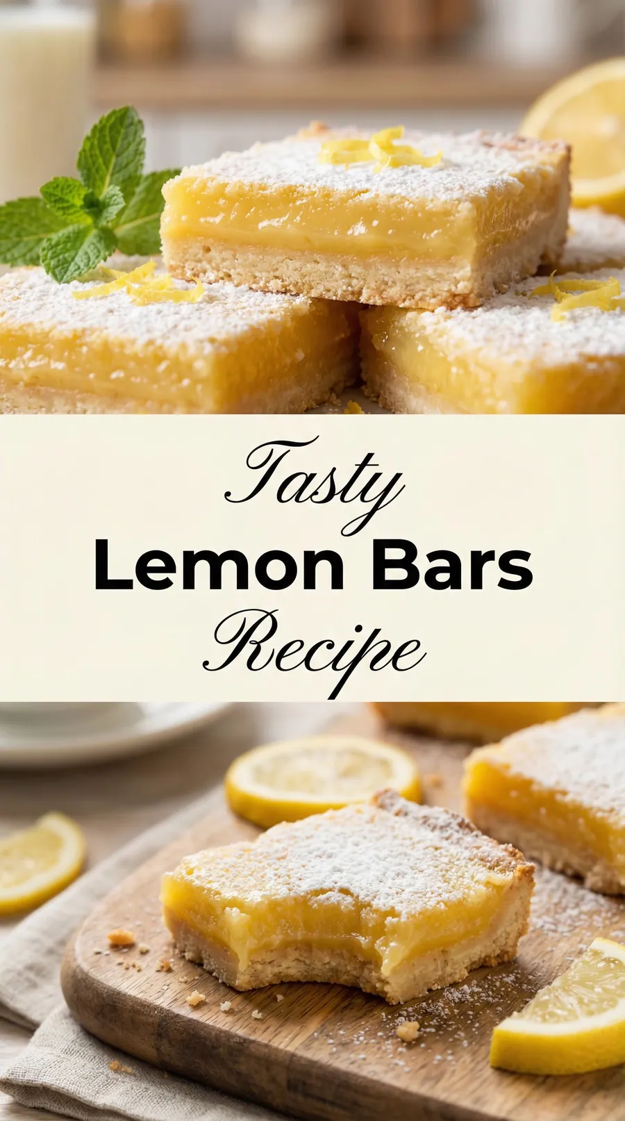Pinterest image for Tasty Lemon Bars Full Recipe (Quick and Easy), with two photos of the recipe