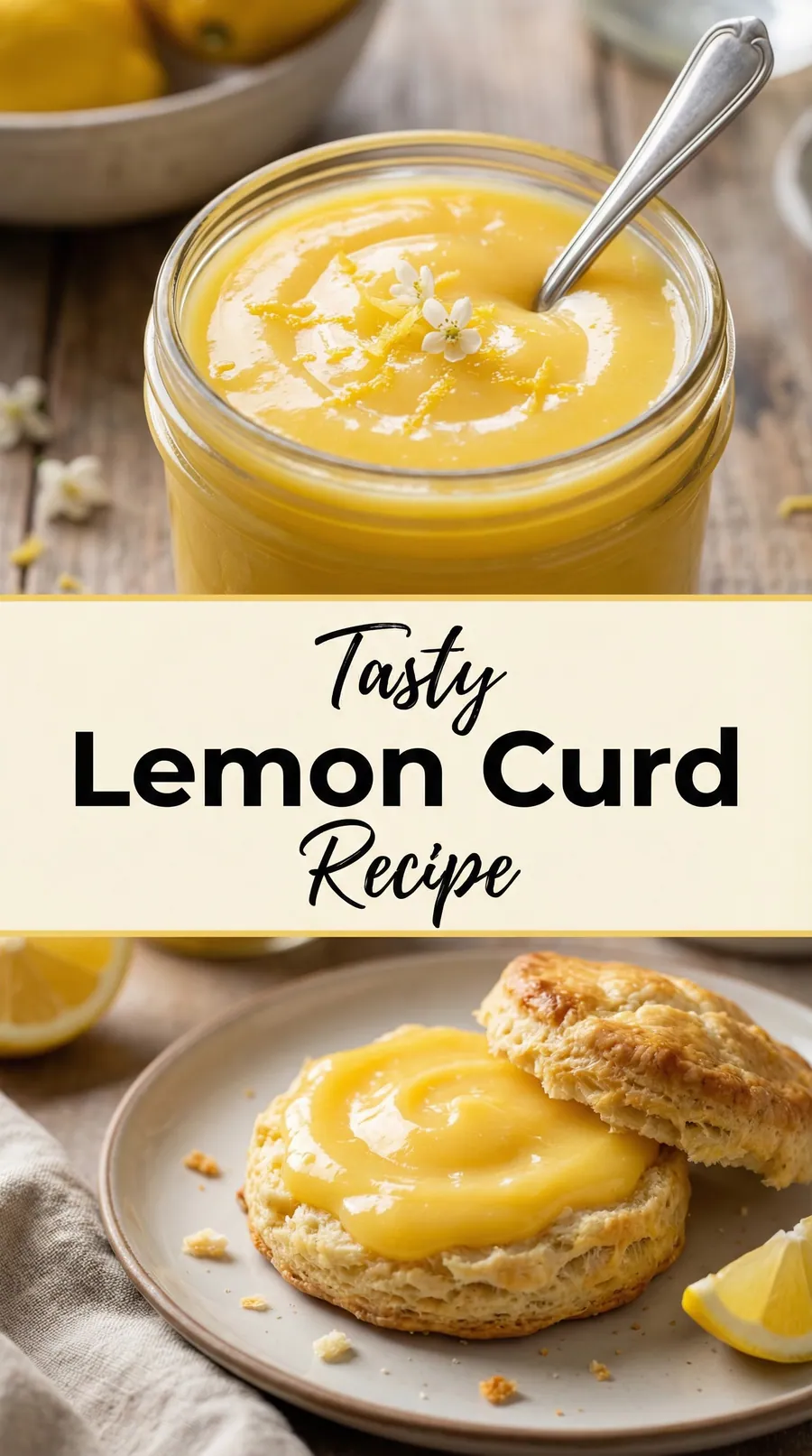 Pinterest image for Tasty Lemon Curd Recipe ( Just 20 Min.), with two photos of the recipe
