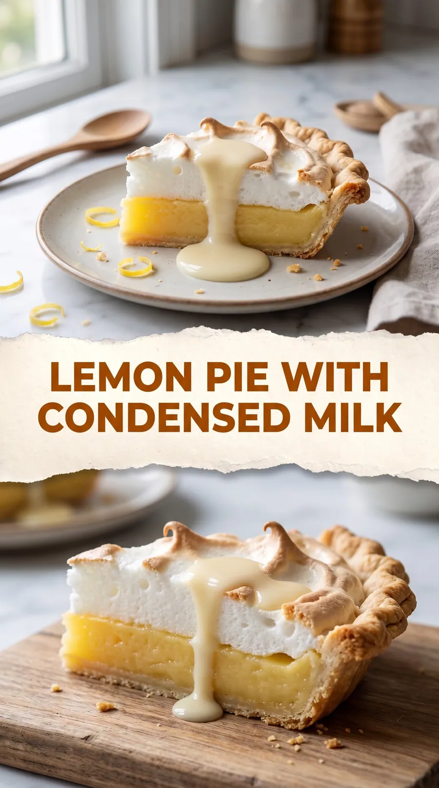 Pinterest image for Tasty Lemon Pie Recipe with Condensed Milk, with two photos of the recipe