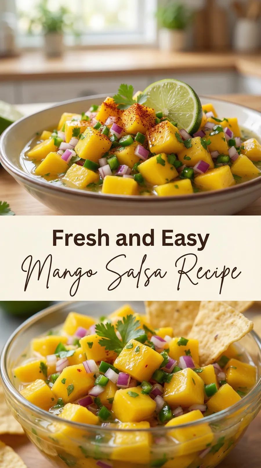 Pinterest image for Tasty Mango Salsa Recipe (Easy and Quick), with two photos of the recipe