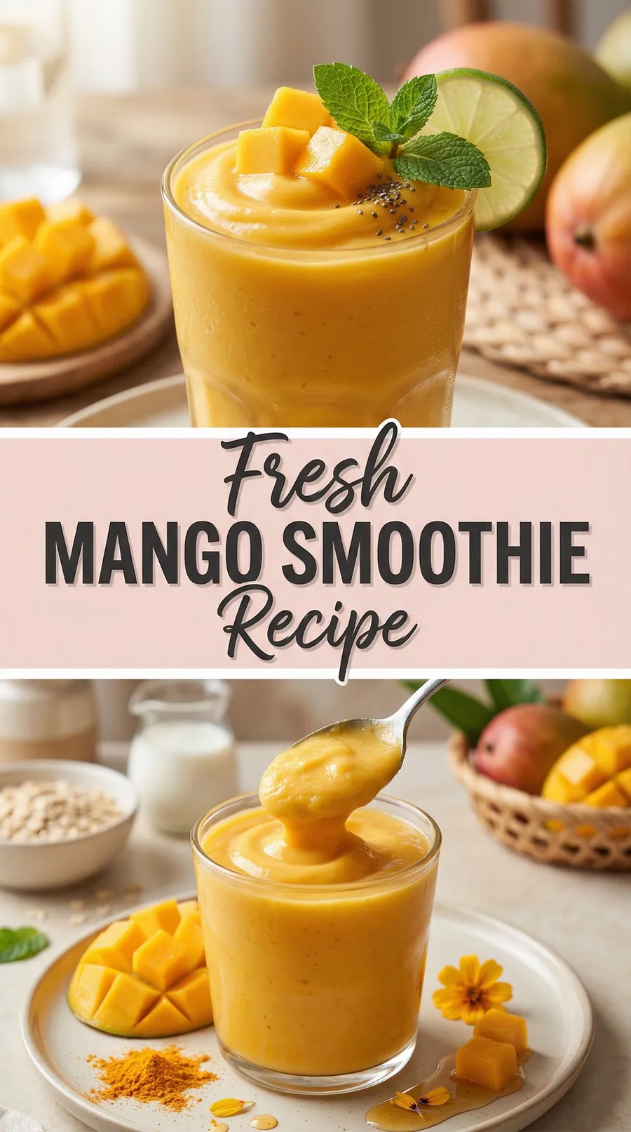 Pinterest image for Tasty Mango Smoothie Recipe For Summers (Fast and Easy), with two photos of the recipe
