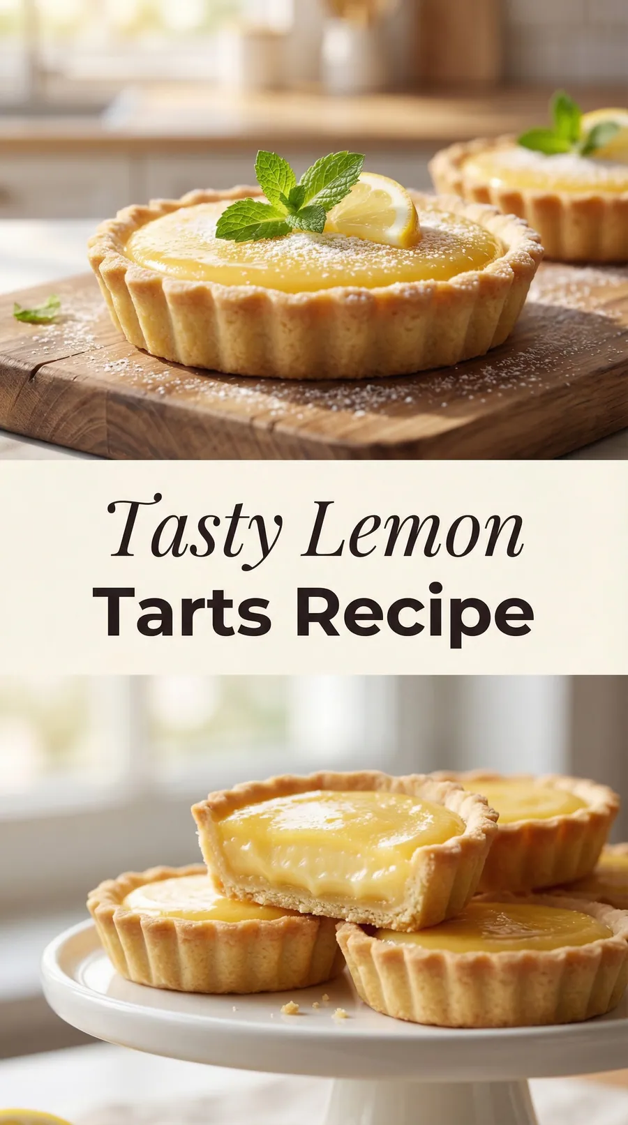 Pinterest image for Tasty Mini Lemon Tarts Full Recipe, with two photos of the recipe
