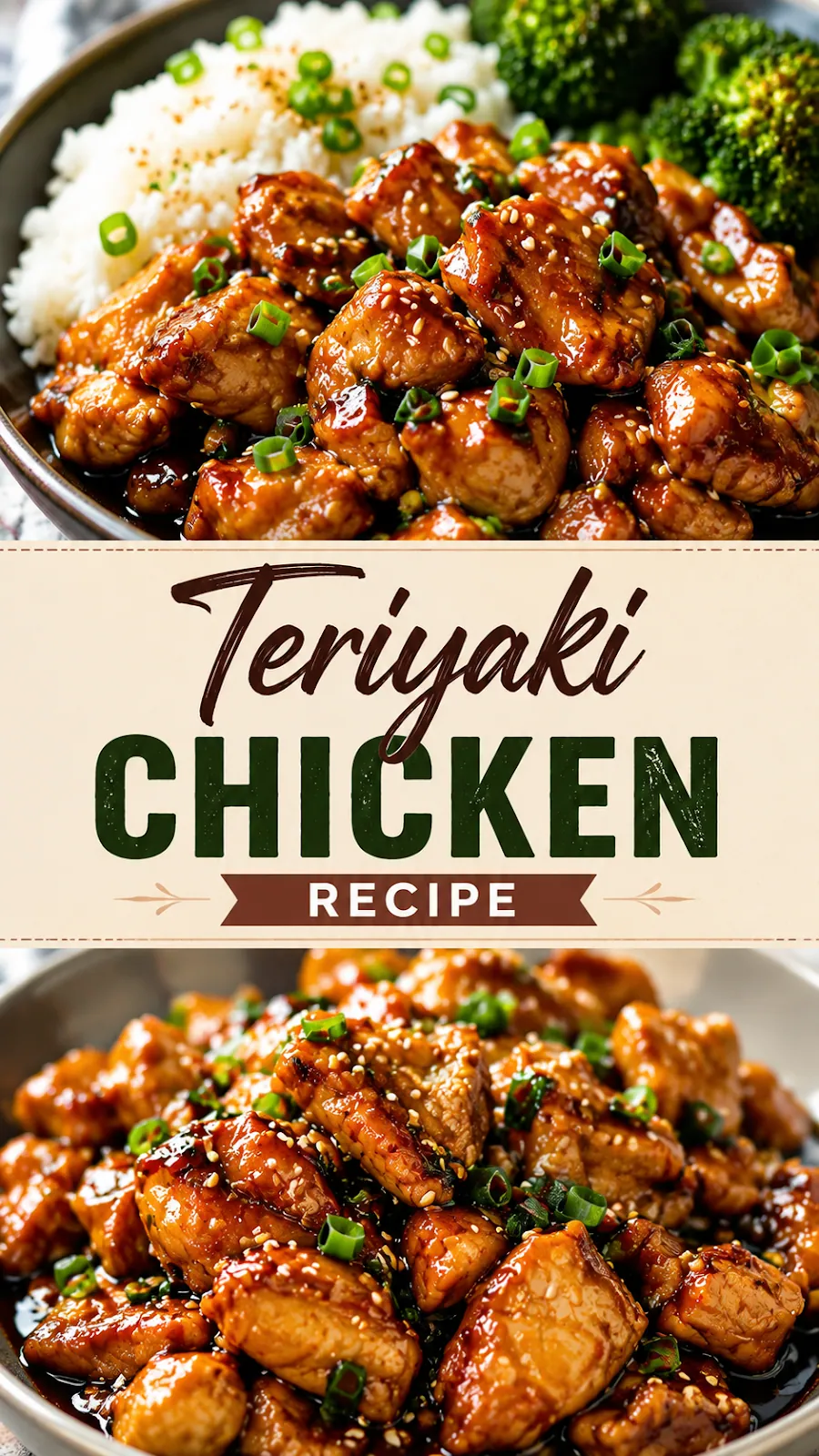Pinterest image for Teriyaki Chicken Recipe, with two photos of the recipe