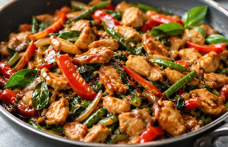 Thai Basil Chicken Stir Fry, ready to serve