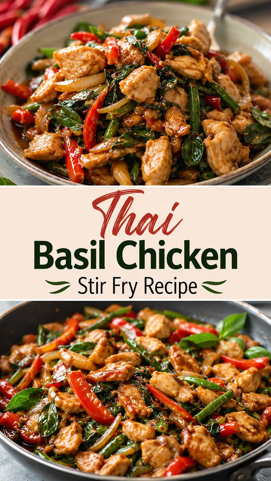 Pinterest image for Thai Basil Chicken Stir Fry Recipe, with two photos of the recipe
