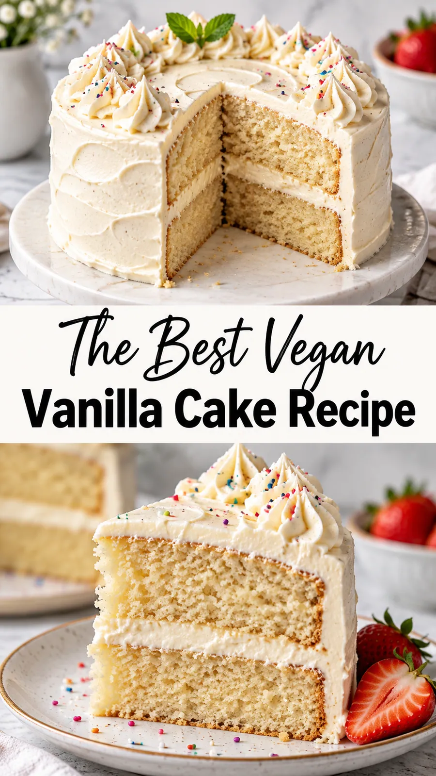 Pinterest image for The Best Vegan Vanilla Cake Recipe, with two photos of the recipe