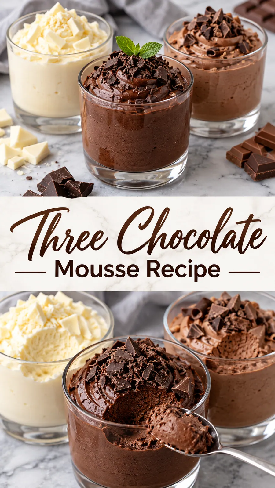 Pinterest image for Three Chocolate Mousse Recipe, with two photos of the recipe