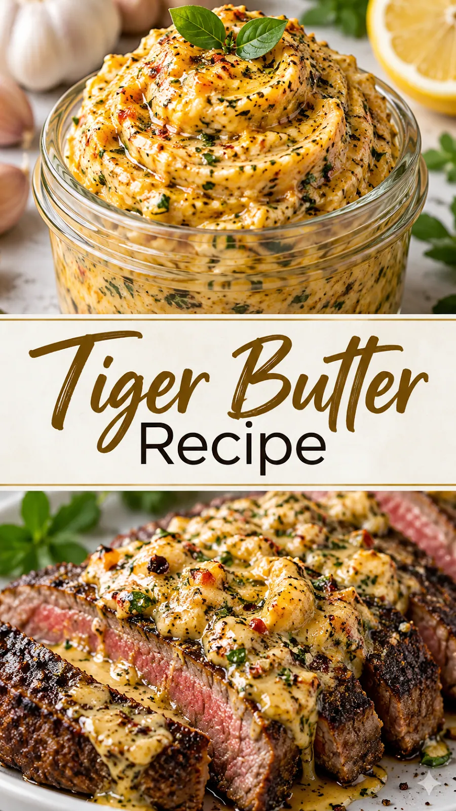 Pinterest image for Tiger Butter Recipe, with two photos of the recipe