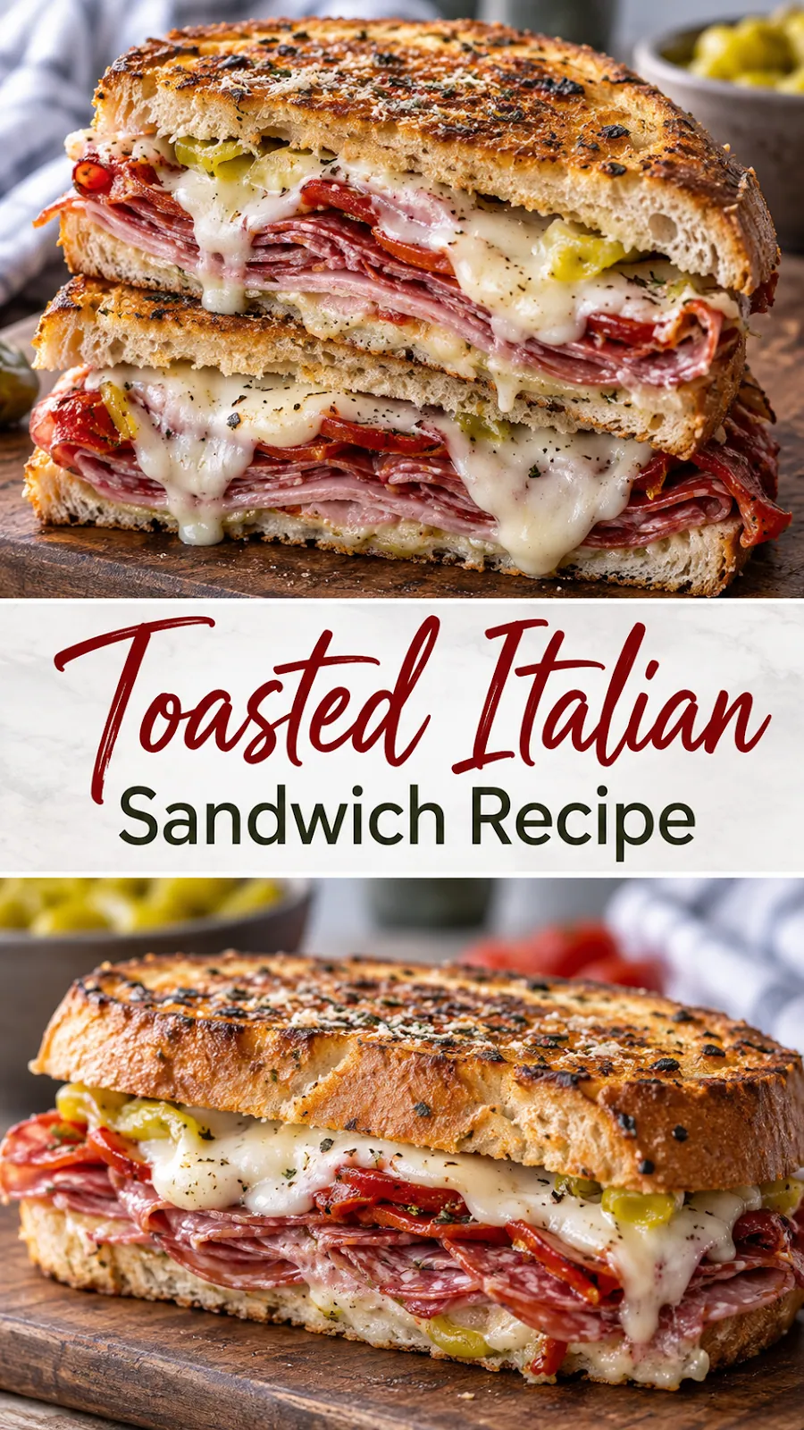Pinterest image for Toasted Italian Sandwich Recipe, with two photos of the recipe