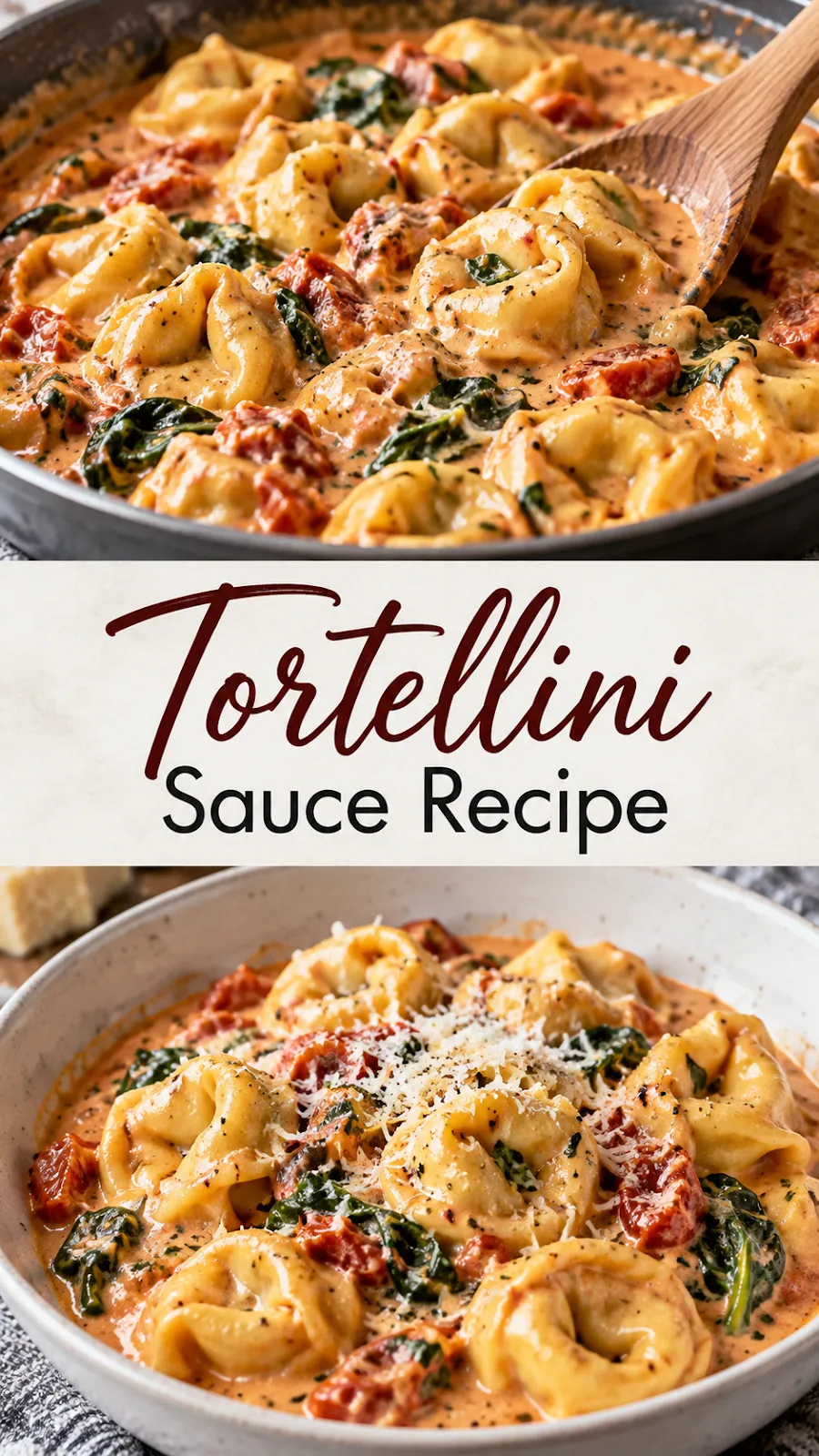 Pinterest image for Tortellini Sauce Recipe, with two photos of the recipe