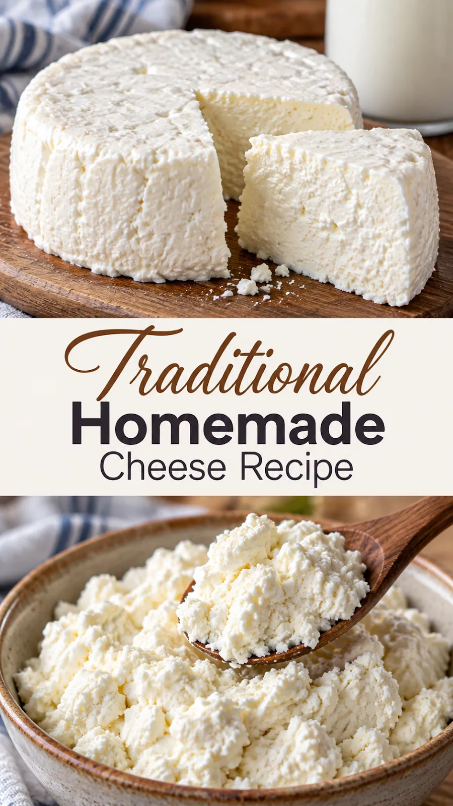 Pinterest image for Traditional Homemade Cheese Recipe, with two photos of the recipe