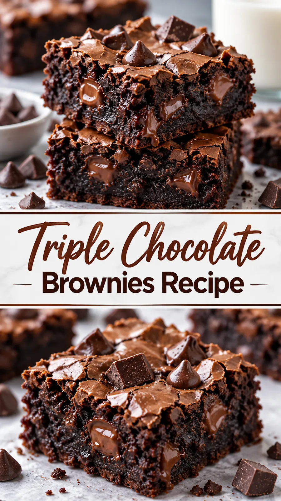 Pinterest image for Triple Chocolate Brownies Recipe, with two photos of the recipe