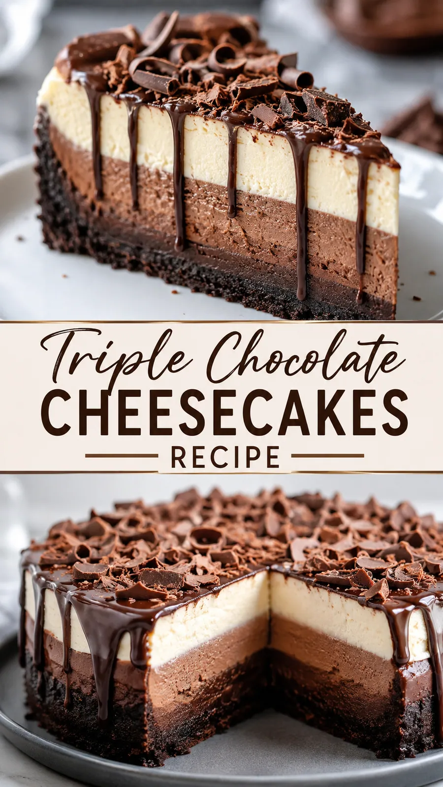 Pinterest image for Triple Chocolate Cheesecakes Recipe, with two photos of the recipe