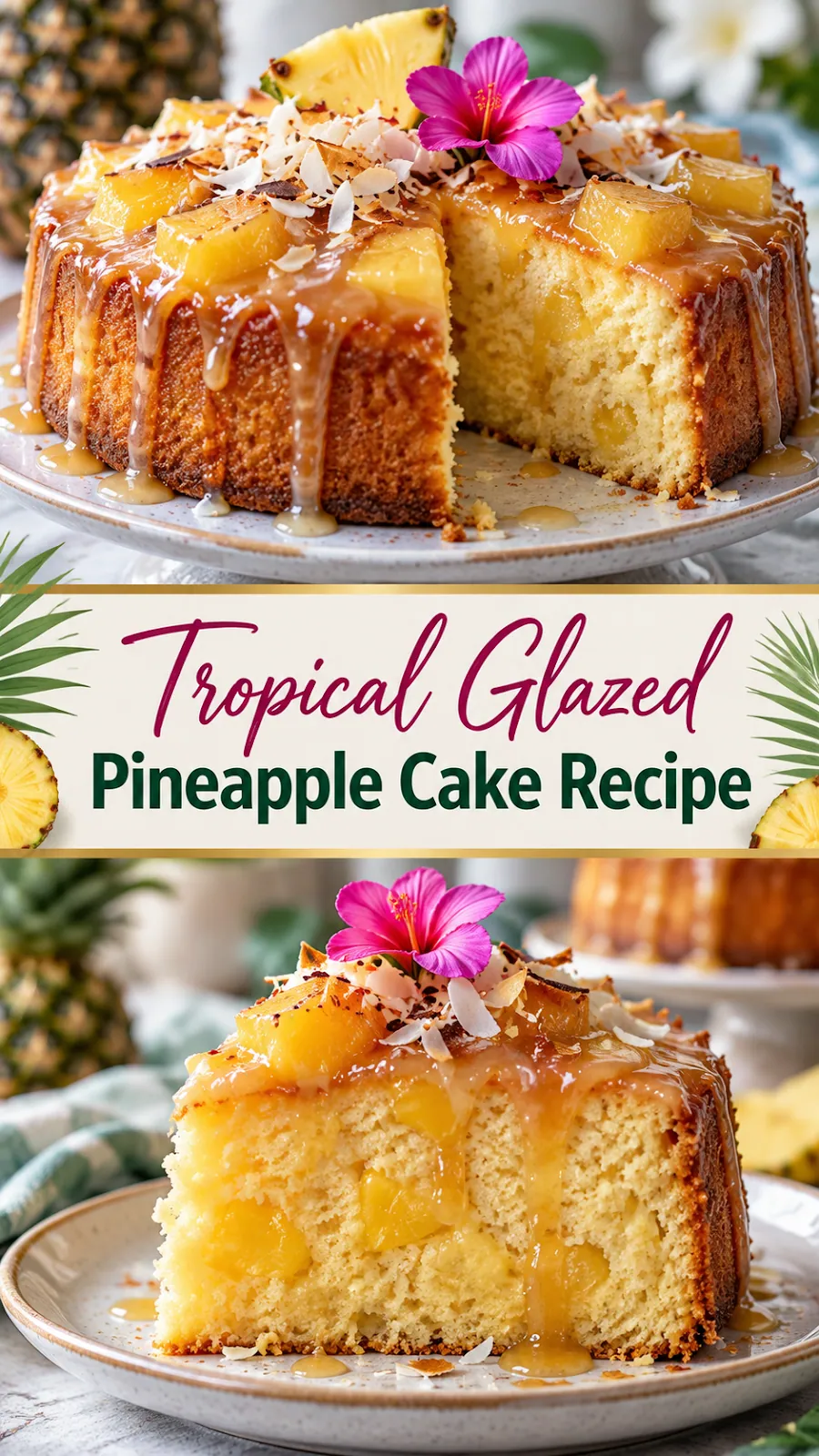 Pinterest image for Tropical Glazed Pineapple Cake Recipe, with two photos of the recipe