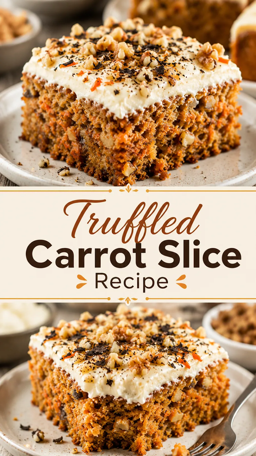 Pinterest image for Truffled Carrot Slice Recipe, with two photos of the recipe