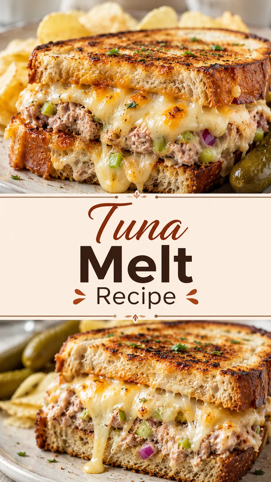 Pinterest image for Tuna Melt Recipe, with two photos of the recipe