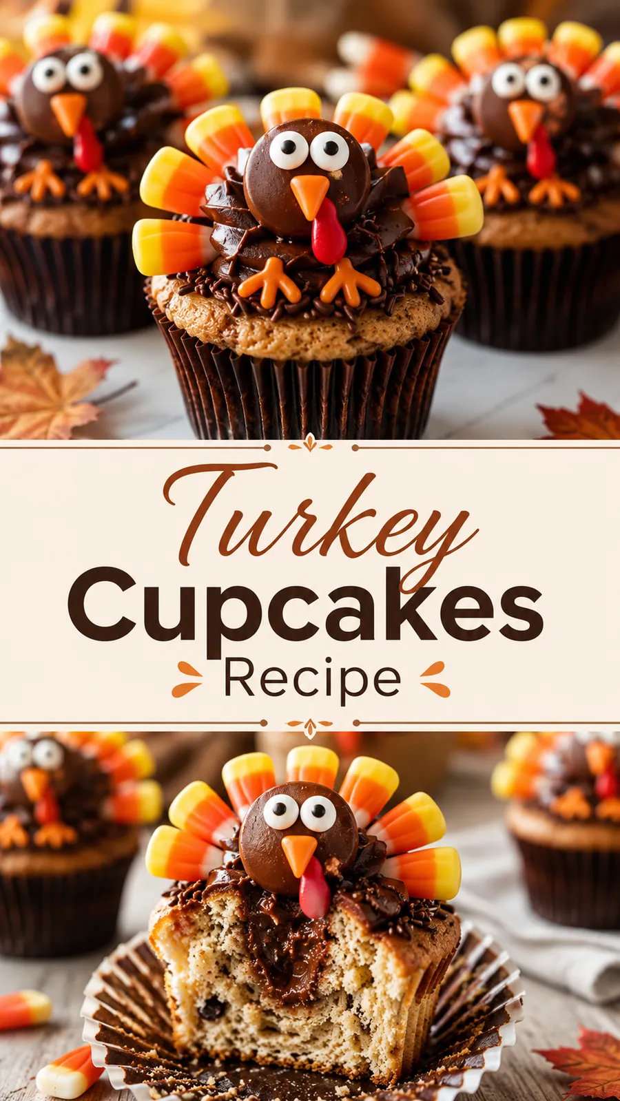 Pinterest image for Turkey Cupcakes Recipe, with two photos of the recipe
