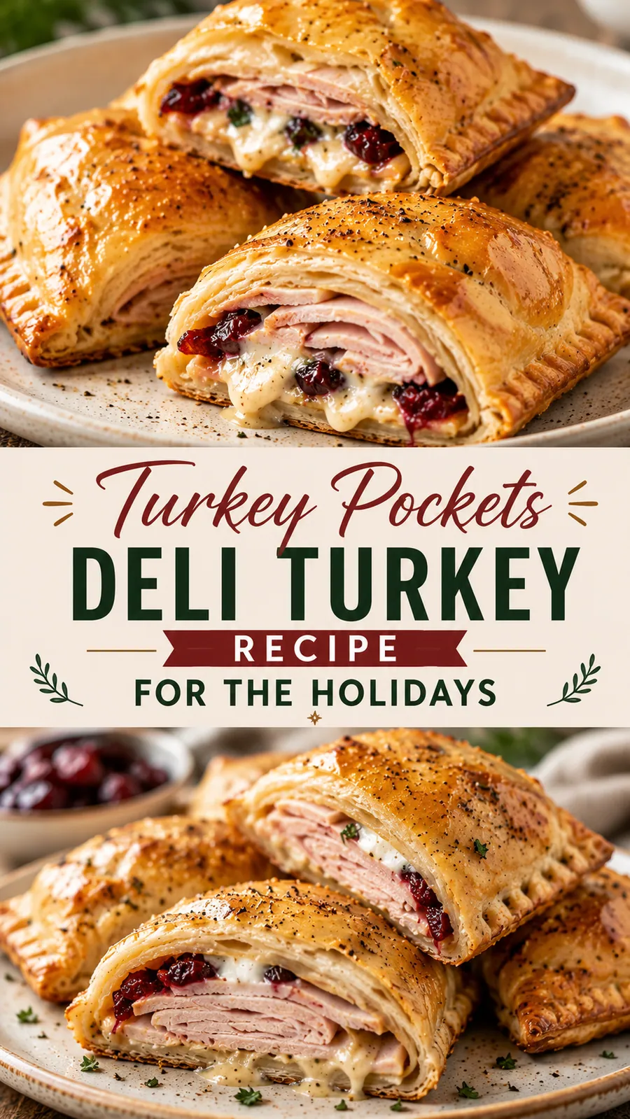Pinterest image for Turkey Pockets Deli Turkey Recipe For The Holidays, with two photos of the recipe