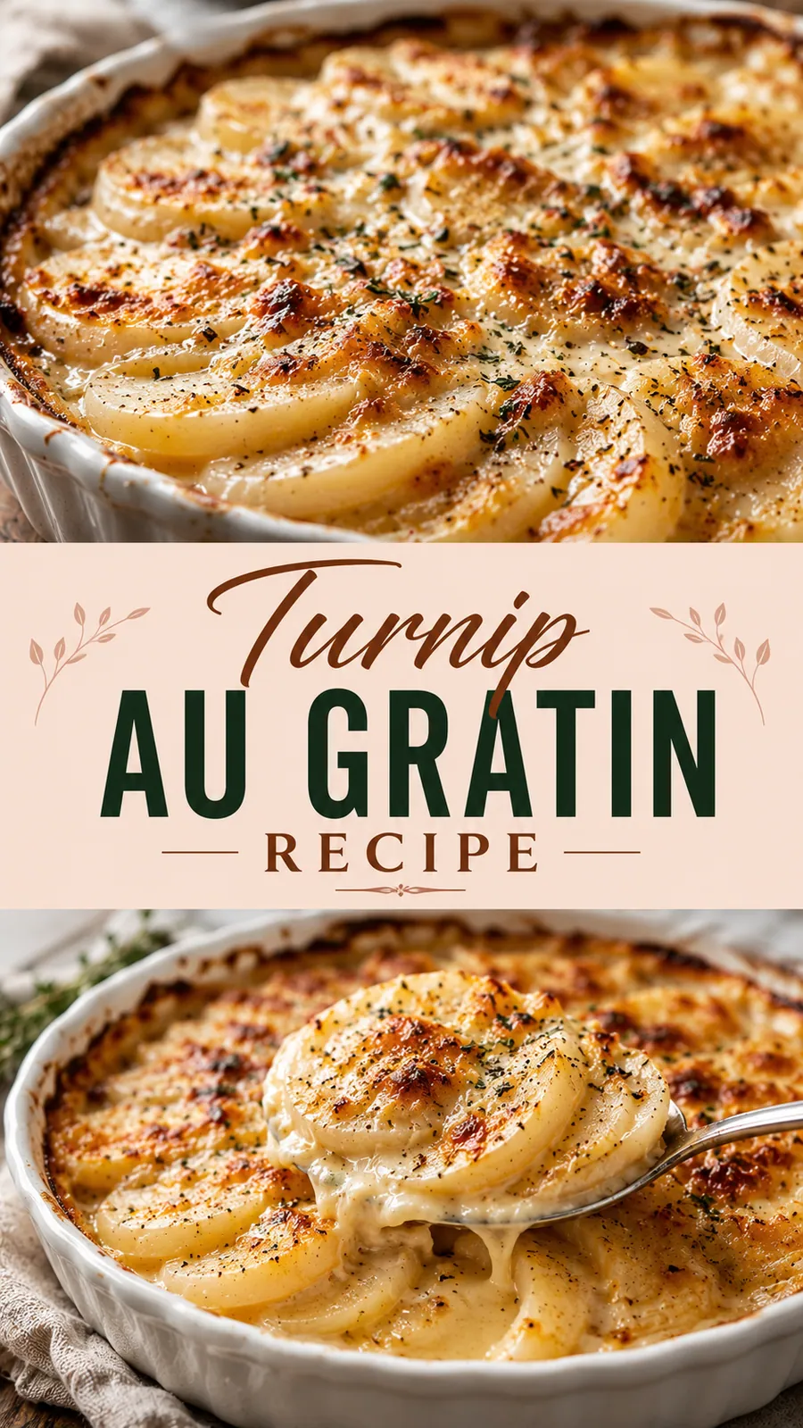 Pinterest image for Turnip Au Gratin Recipe, with two photos of the recipe