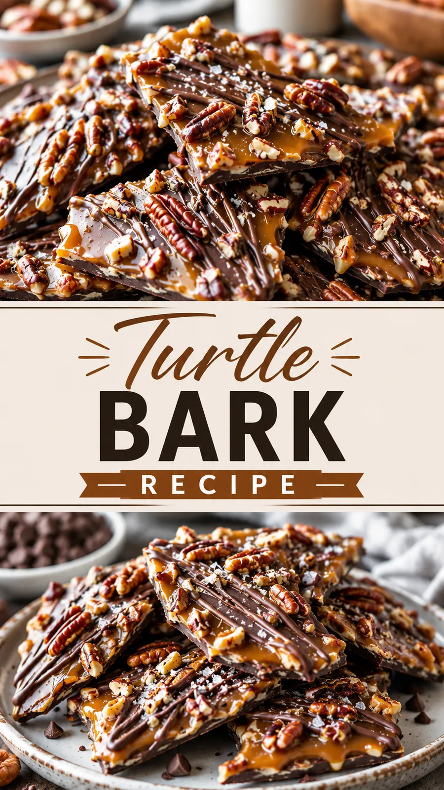 Pinterest image for Turtle Bark Recipe, with two photos of the recipe