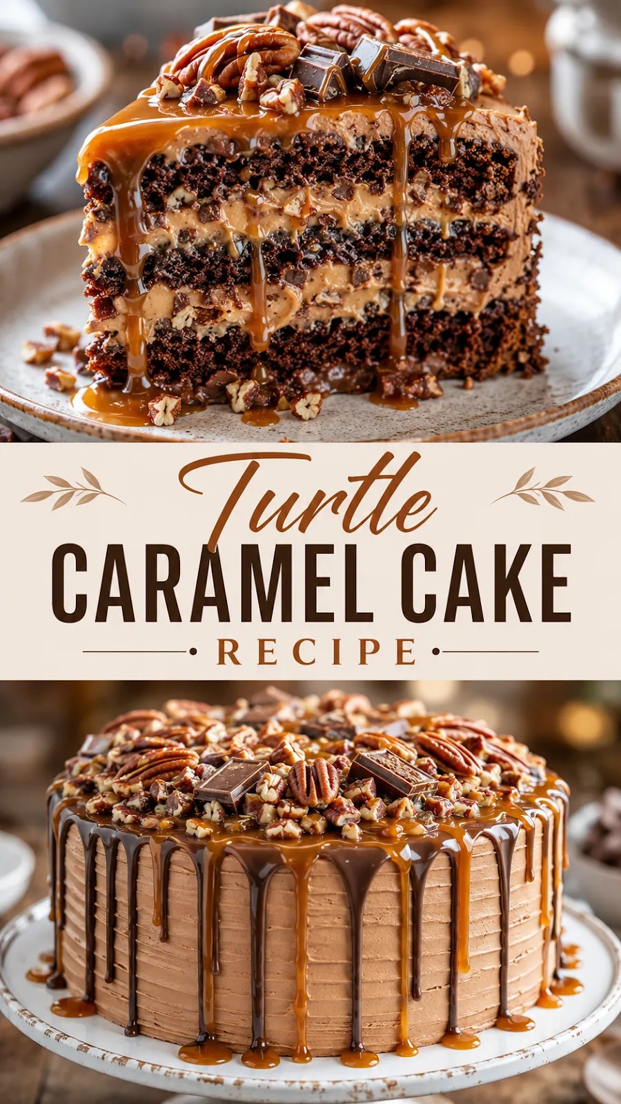 Pinterest image for Turtle Caramel Cake Recipe, with two photos of the recipe