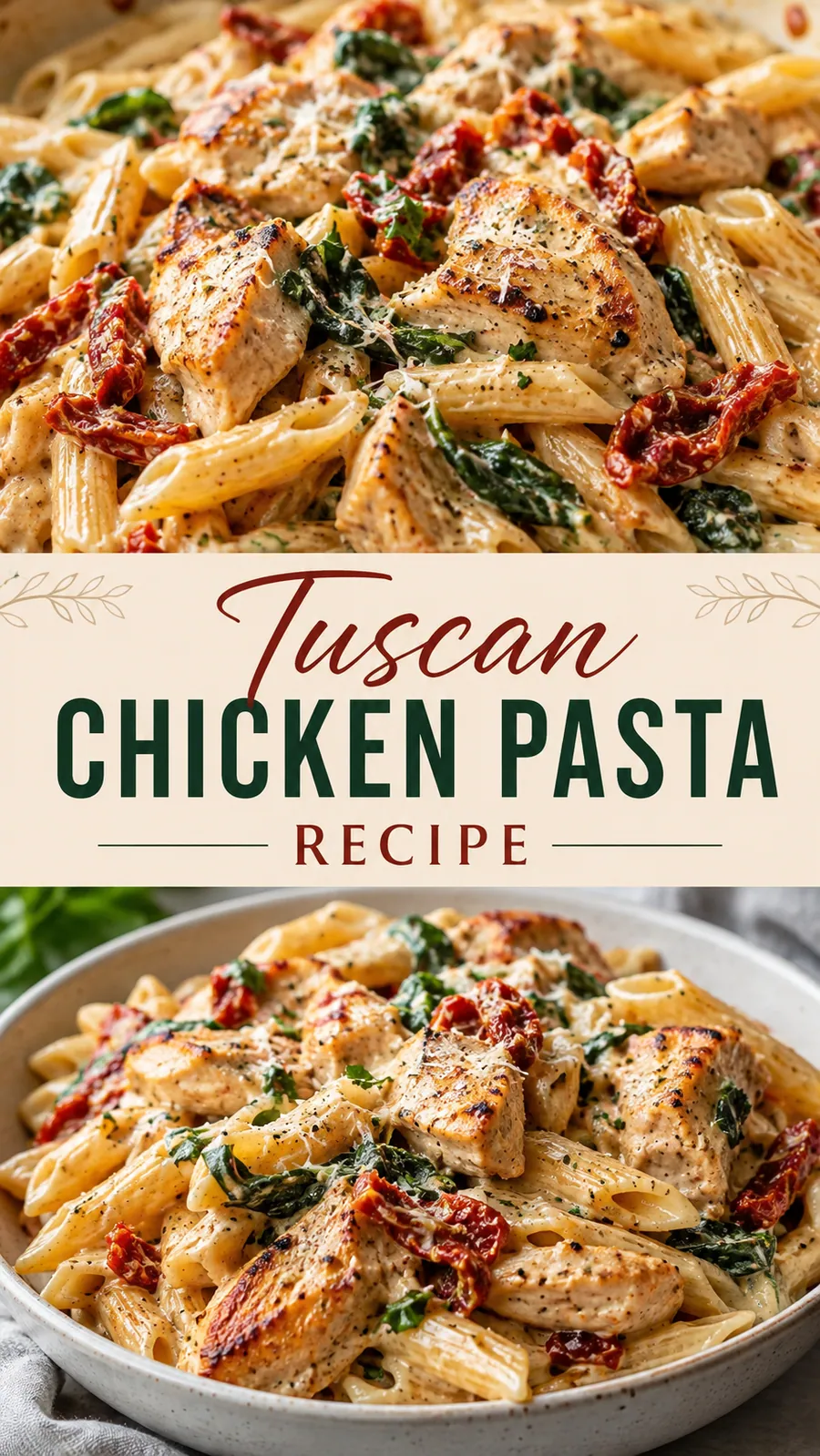 Pinterest image for Tuscan Chicken Pasta Recipe, with two photos of the recipe