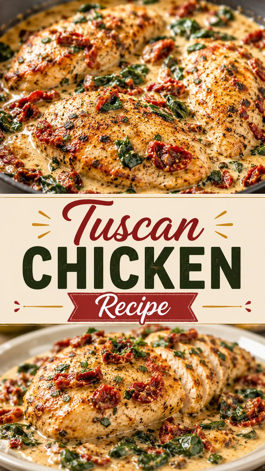 Pinterest image for Tuscan Chicken Recipe, with two photos of the recipe