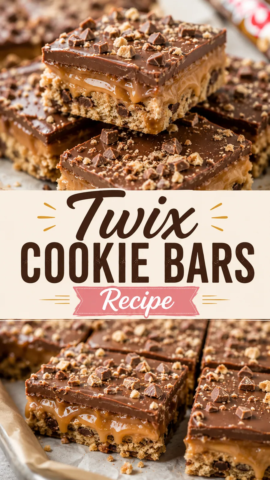 Pinterest image for Twix Cookie Bars Recipe, with two photos of the recipe