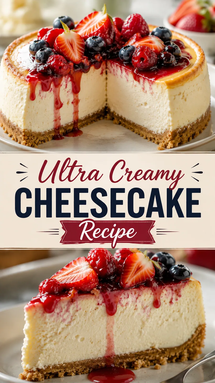 Pinterest image for Ultra Creamy Cheesecake Recipe, with two photos of the recipe