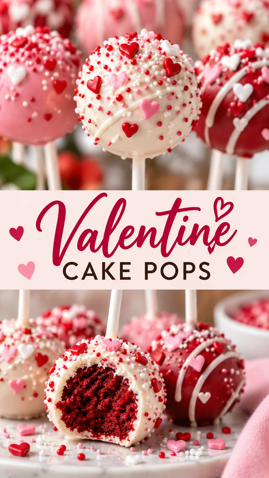 Pinterest image for Valentine Cake Pops, with two photos of the recipe
