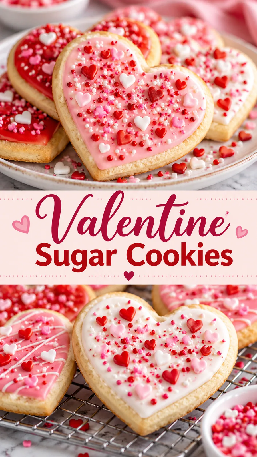 Pinterest image for Valentine Sugar Cookies, with two photos of the recipe