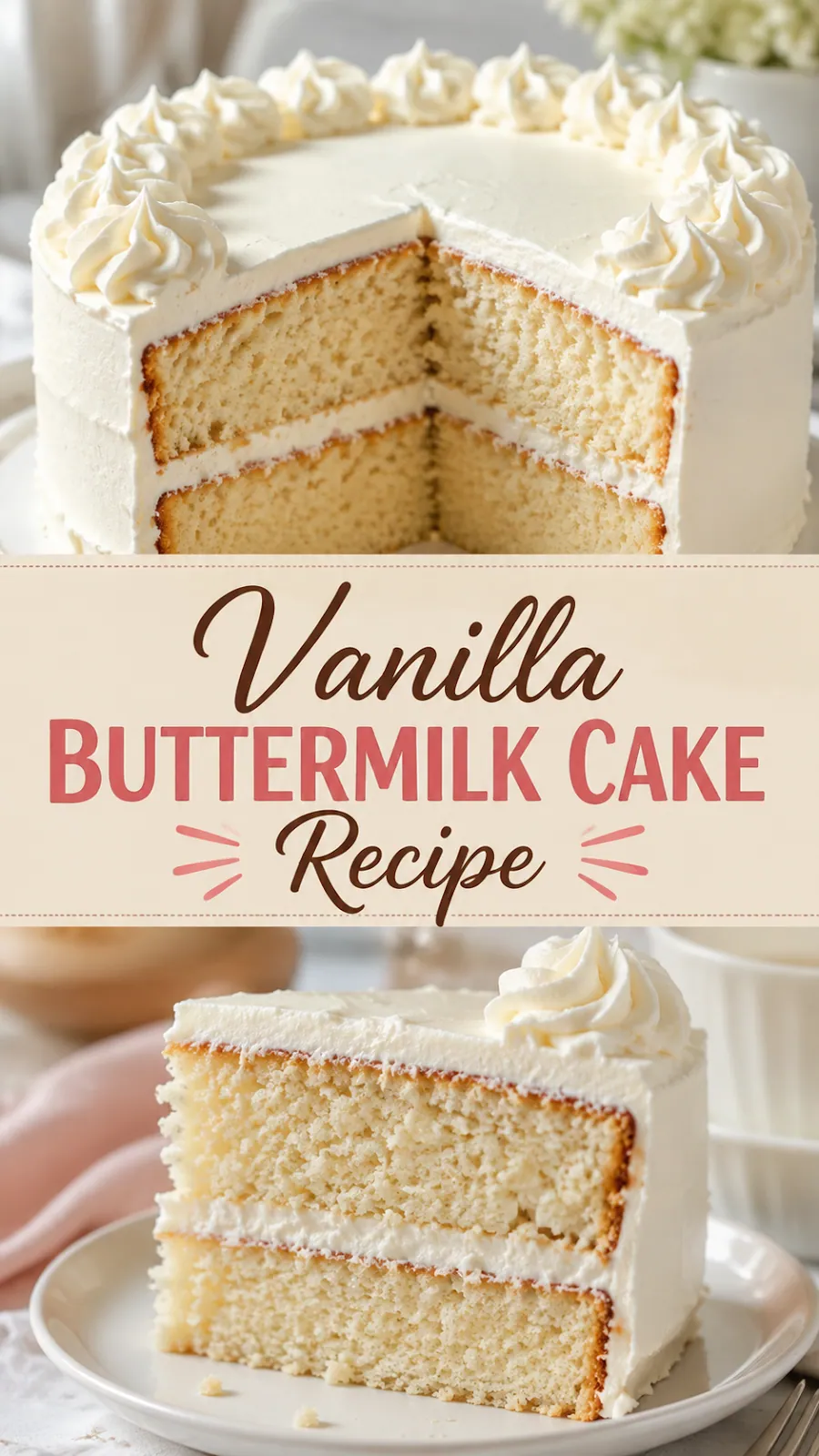 Pinterest image for Vanilla Buttermilk Cake Recipe, with two photos of the recipe