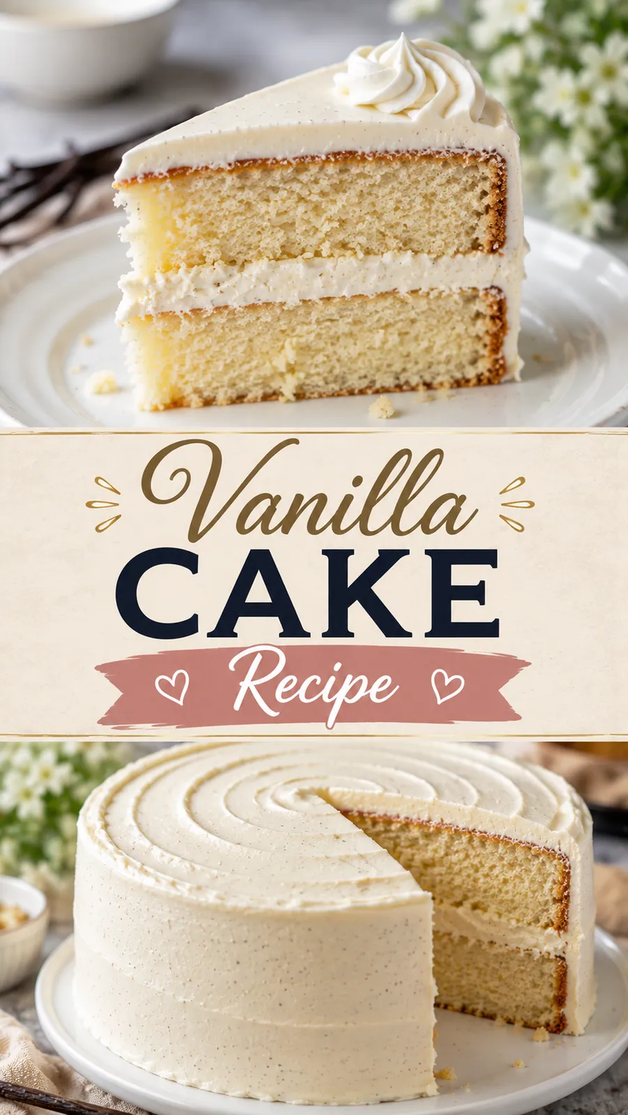 Pinterest image for Vanilla Cake Recipe, with two photos of the recipe