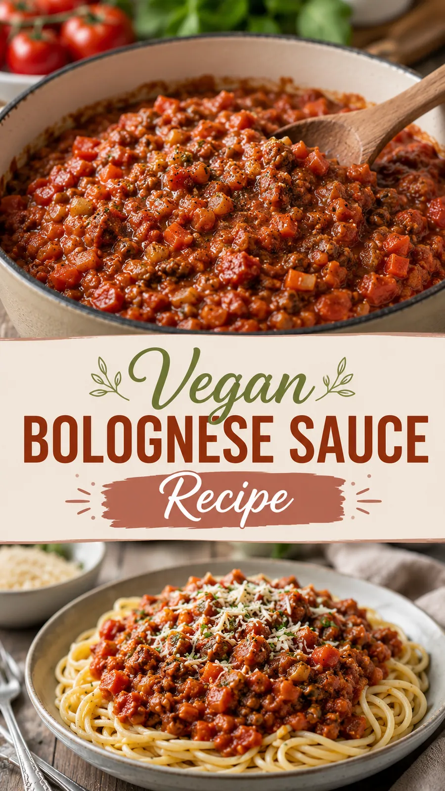 Pinterest image for Vegan Bolognese Sauce Recipe, with two photos of the recipe