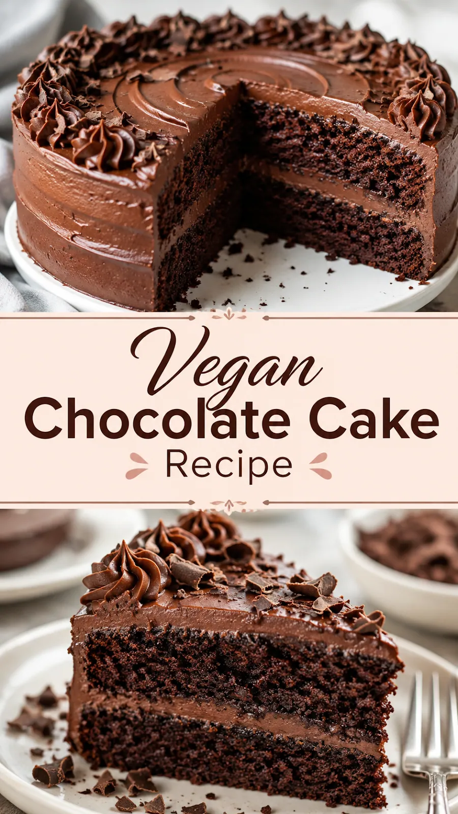Pinterest image for Vegan Chocolate Cake Recipe, with two photos of the recipe