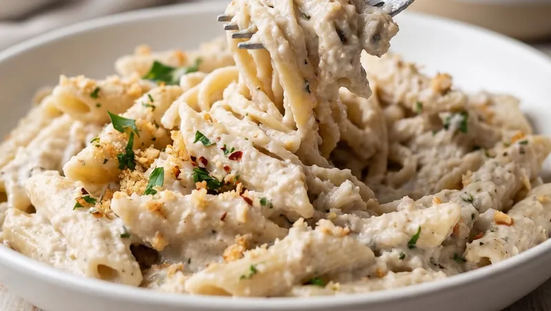 Vegan Creamy Pasta with Cashew or Coconut Milk Sauce, ready to serve