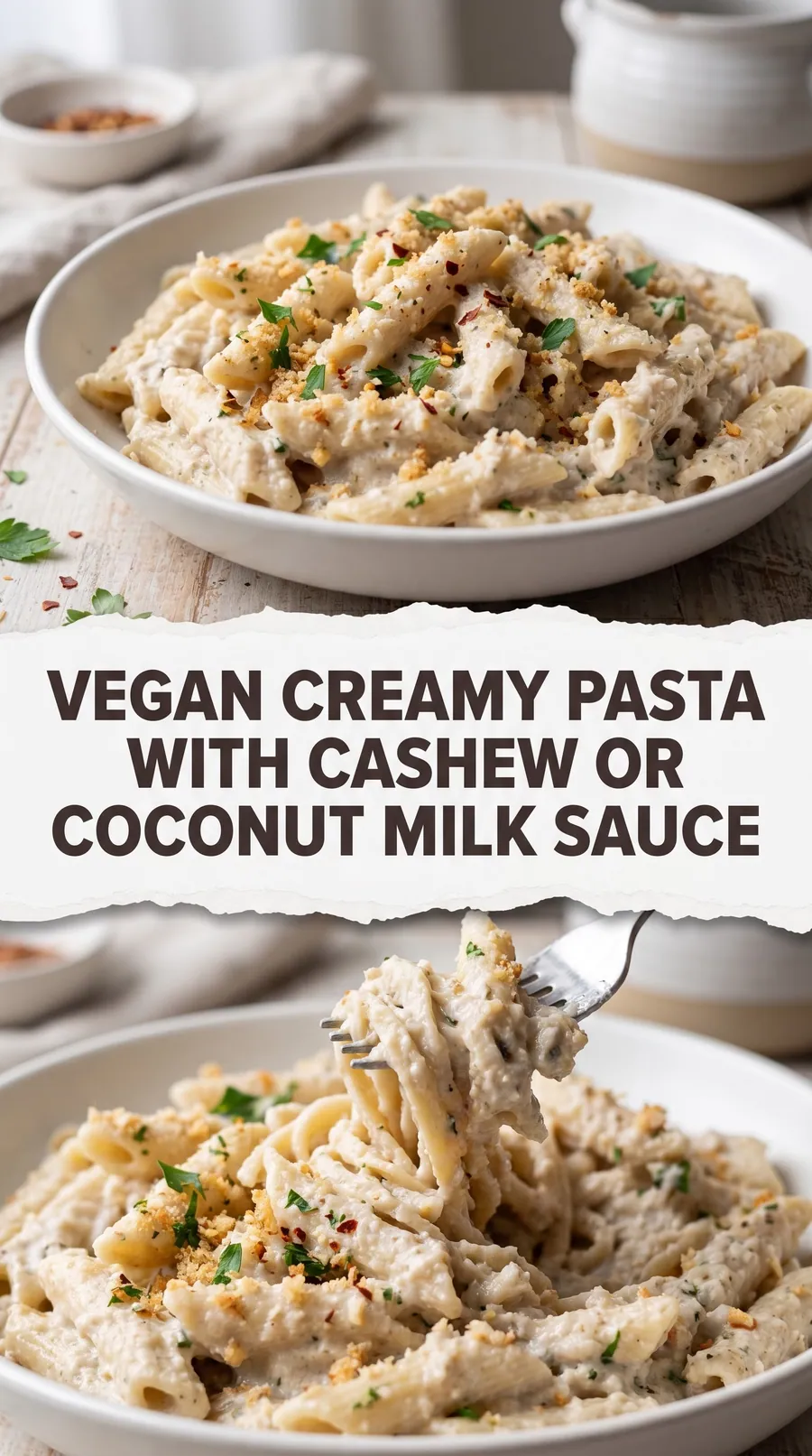 Pinterest image for Vegan Creamy Pasta With Cashew Coconut Milk Sauce, with two photos of the recipe