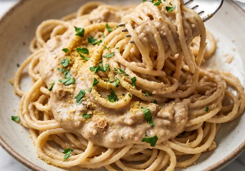 Vegan Creamy Spaghetti with Cashew-Based Sauce, ready to serve