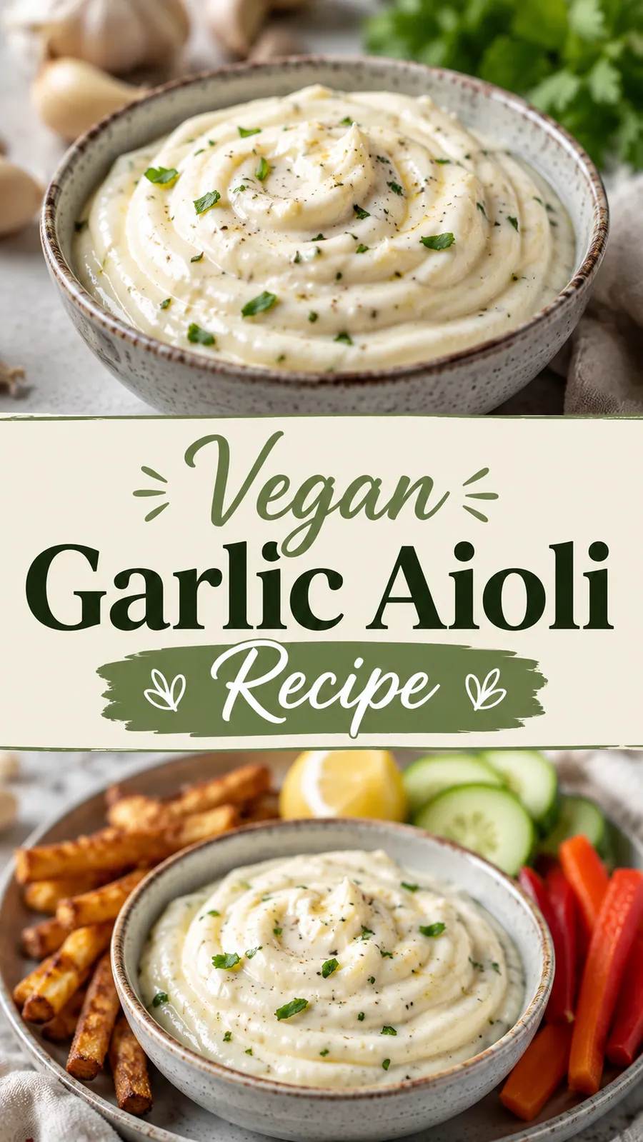 Pinterest image for Vegan Garlic Aioli Recipe, with two photos of the recipe
