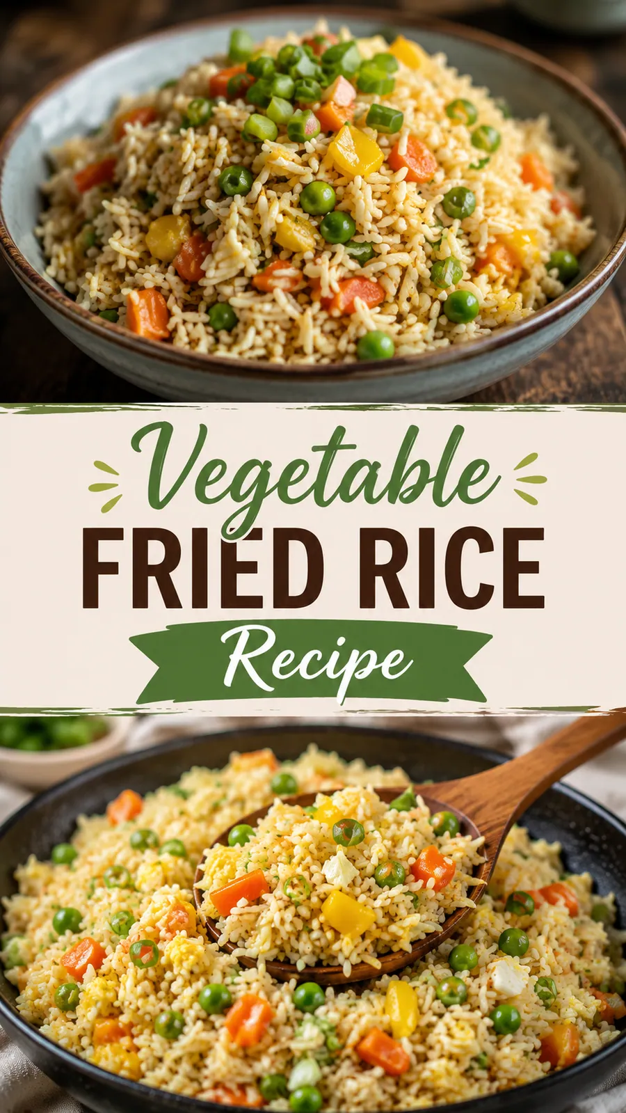 Pinterest image for Vegetable Fried Rice Recipe, with two photos of the recipe