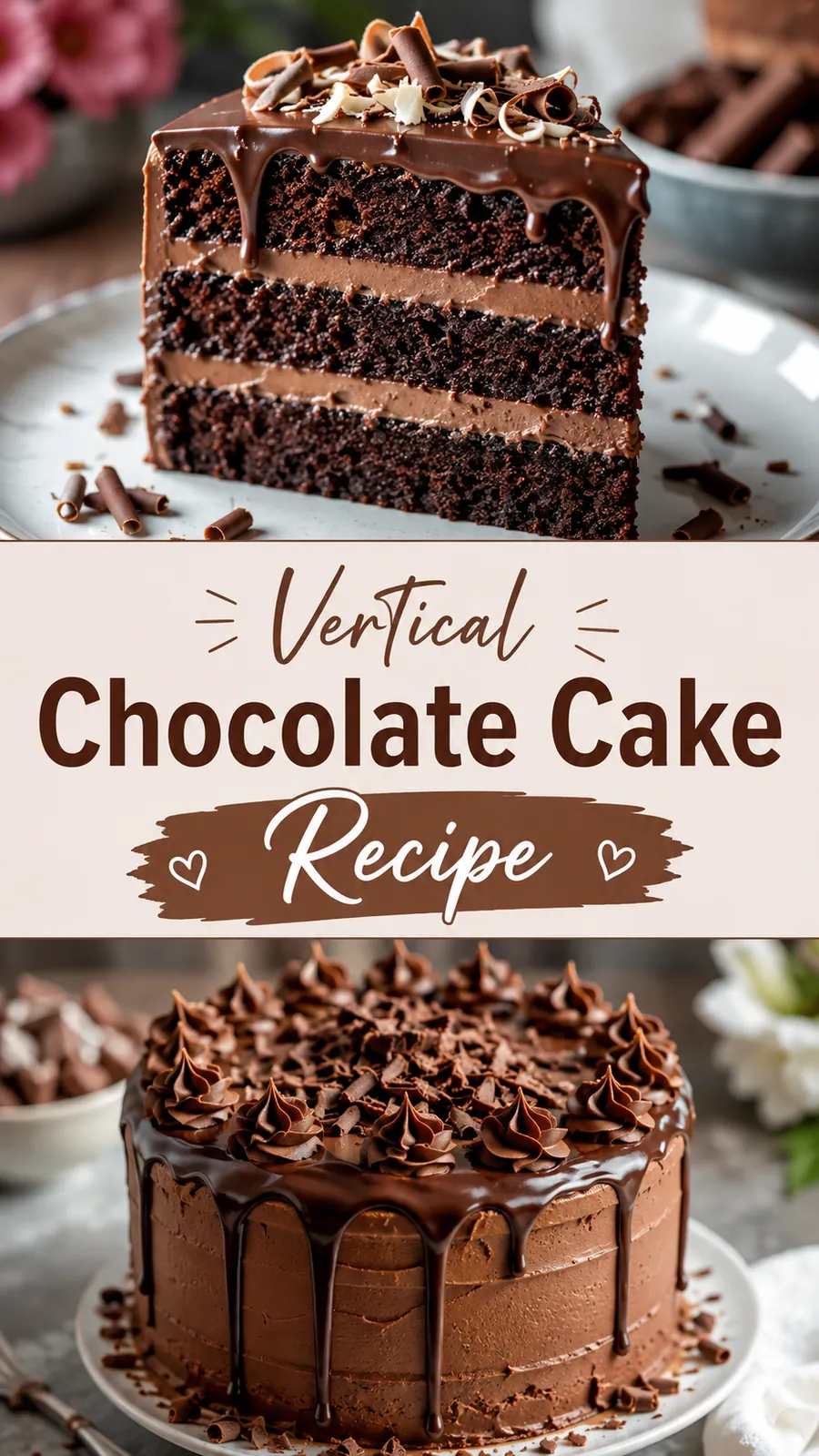 Pinterest image for Vertical Chocolate Cake Recipe, with two photos of the recipe