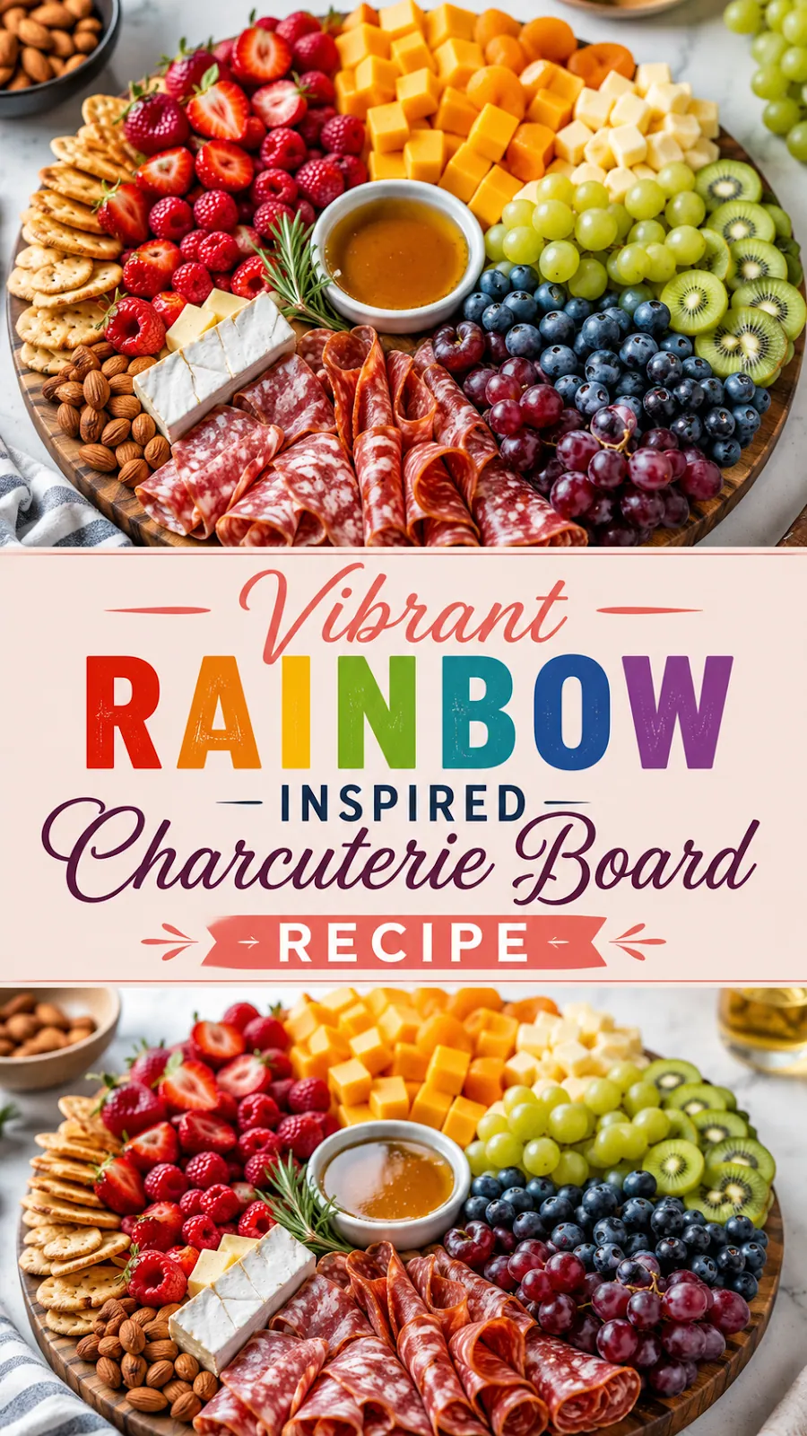 Pinterest image for Vibrant Rainbow Inspired Charcuterie Board Recipe, with two photos of the recipe
