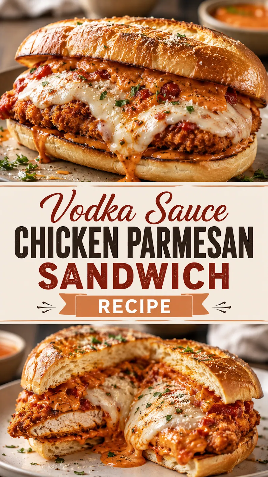 Pinterest image for Vodka Sauce Chicken Parmesan Sandwich Recipe, with two photos of the recipe
