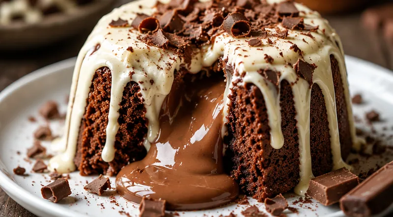 Volcano Cake with Milk Chocolate Filling and White Chocolate Covering, ready to serve